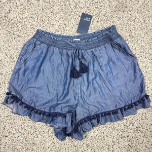 Crown & Ivy Shorts Womens XXL Ruffle Tassel Hem Pockets Elastic Waist Boho Blue